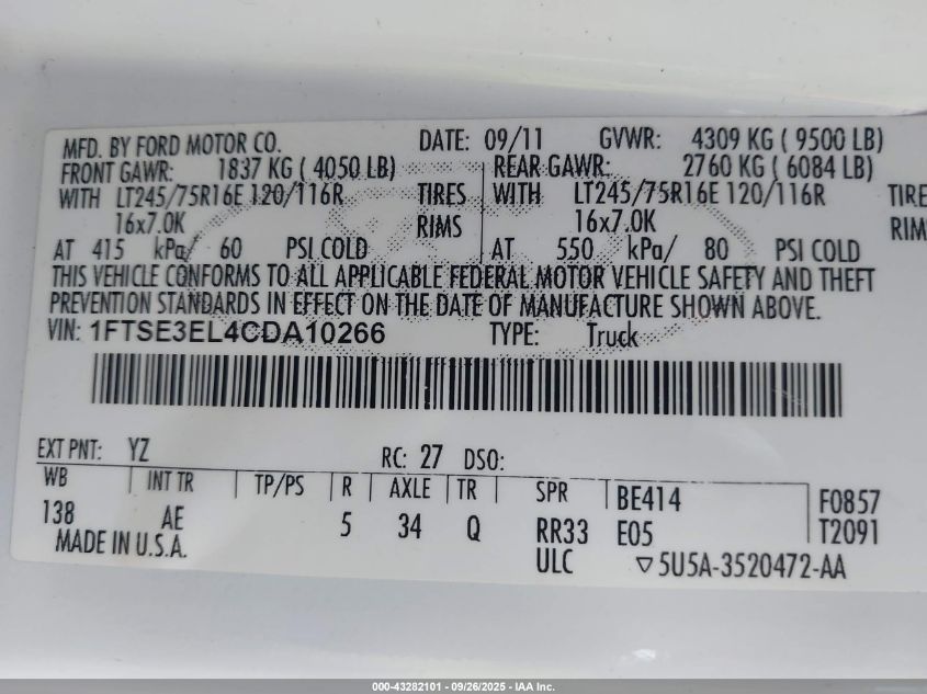 2012 Ford E-350 Super Duty Commercial VIN: 1FTSE3EL4CDA10266 Lot: 43282101