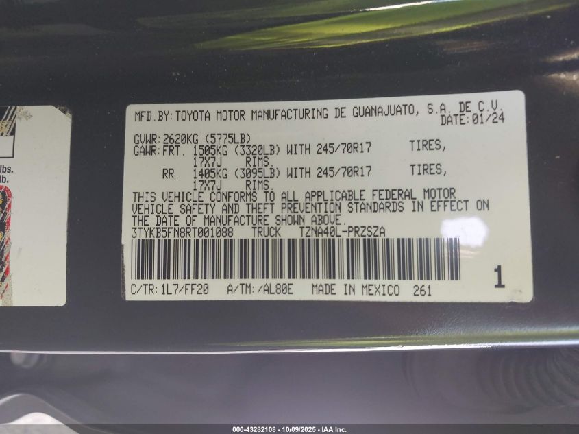 2024 Toyota Tacoma Sr5 2Wd VIN: 3TYKB5FN8RT001088 Lot: 43282108