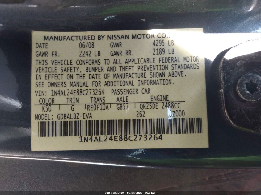 2008 Nissan Altima 2.5 S VIN: 1N4AL24E88C273264 Lot: 43282121