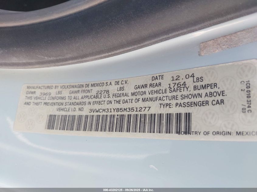 2005 Volkswagen New Beetle Gls VIN: 3VWCM31Y85M351277 Lot: 43282125