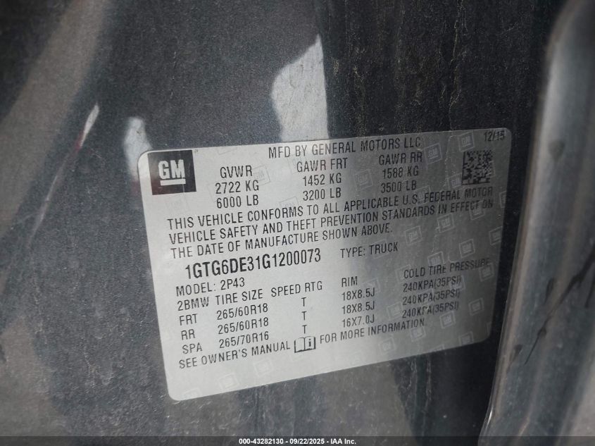 2016 GMC Canyon Slt VIN: 1GTG6DE31G1200073 Lot: 43282130