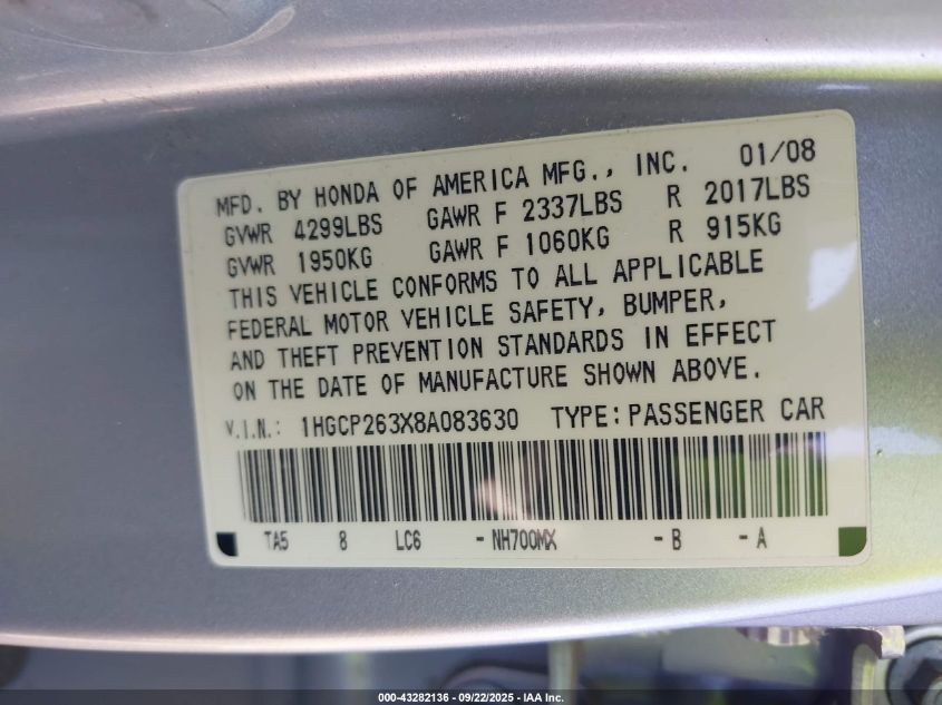 2008 Honda Accord 2.4 Lx VIN: 1HGCP263X8A083630 Lot: 43282136