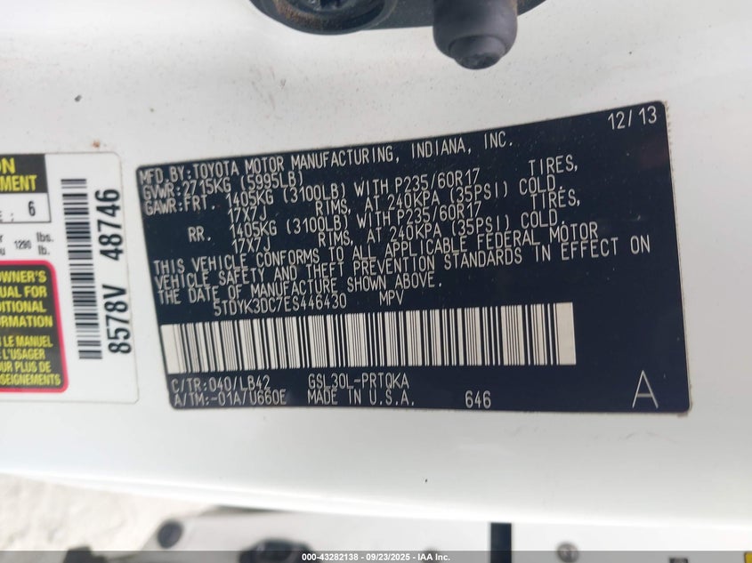 2014 Toyota Sienna Xle V6 8 Passenger VIN: 5TDYK3DC7ES446430 Lot: 43282138