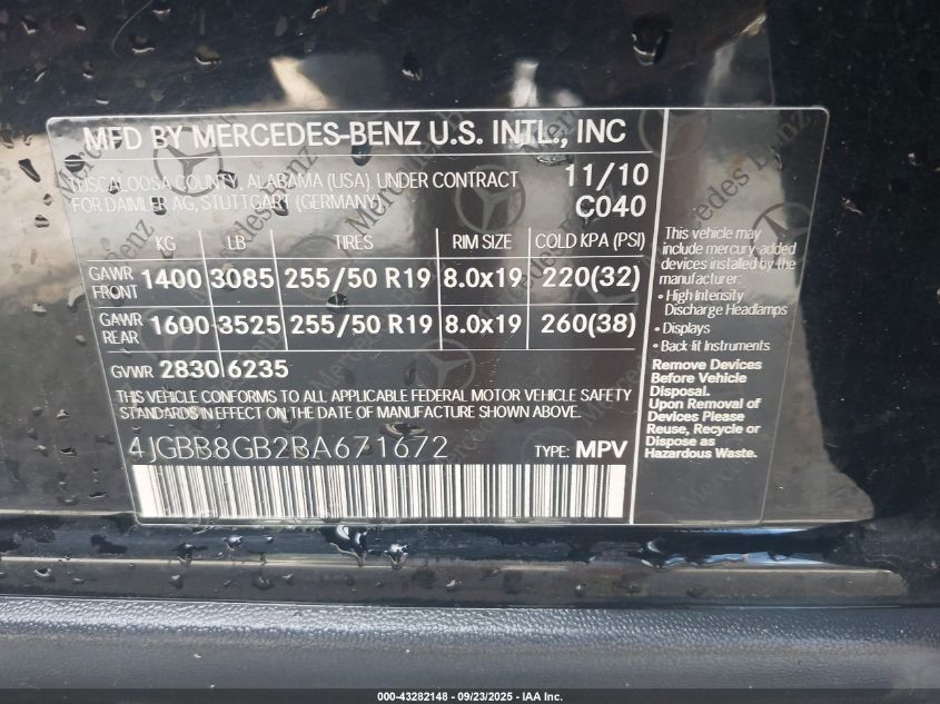 2011 Mercedes-Benz Ml 350 4Matic VIN: 4JGBB8GB2BA671672 Lot: 43282148