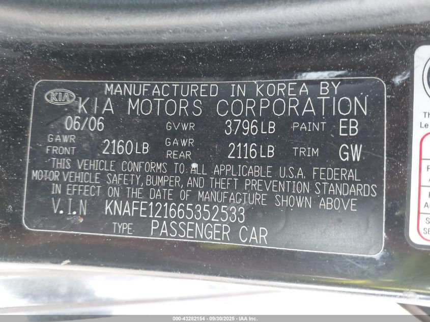 2006 Kia Spectra Ex/Lx/Sx VIN: KNAFE121665352533 Lot: 43282154