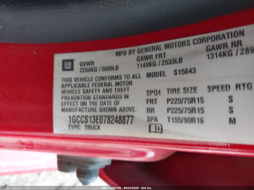 2007 Chevrolet Colorado Lt VIN: 1GCCS13E078248877 Lot: 43282159