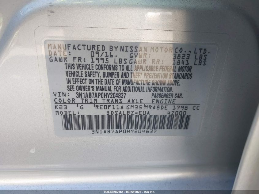 2017 Nissan Sentra S VIN: 3N1AB7AP0HY204837 Lot: 43282161