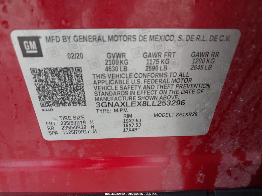 2020 Chevrolet Equinox Fwd Lt 2.0L Turbo VIN: 3GNAXLEX8LL253296 Lot: 43282162