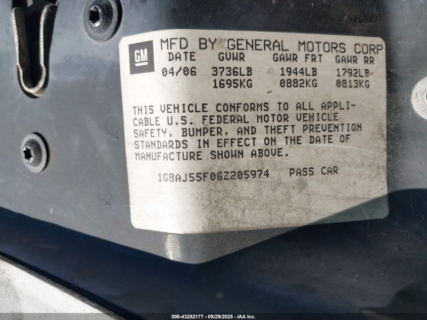 2006 Saturn Ion 2 VIN: 1G8AJ55F06Z205974 Lot: 43282177