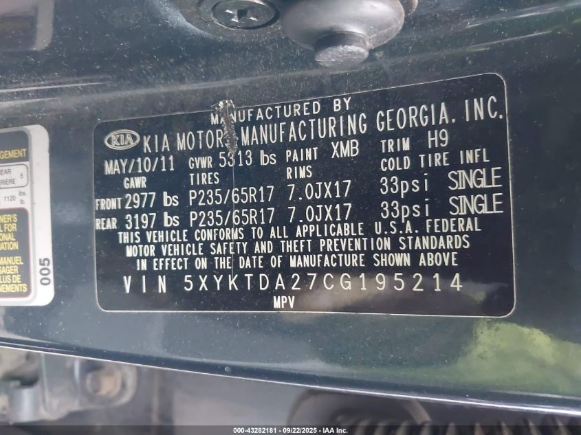 2012 Kia Sorento Lx V6 VIN: 5XYKTDA27CG195214 Lot: 43282181