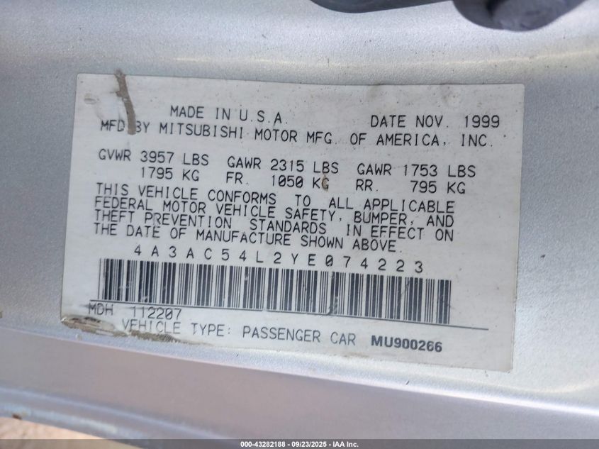 2000 Mitsubishi Eclipse Gt VIN: 4A3AC54L2YE074223 Lot: 43282188