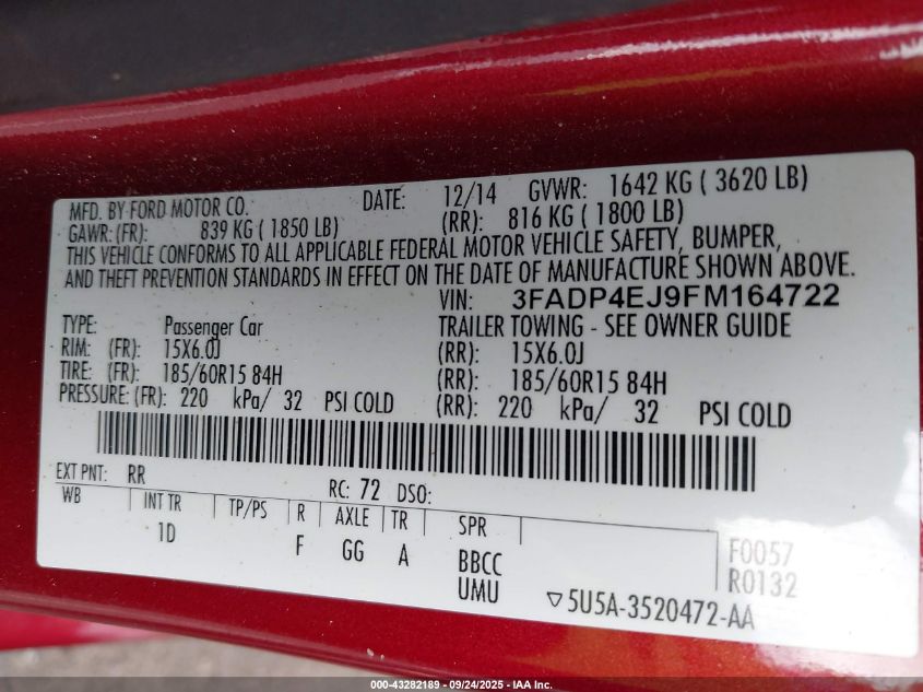 2015 Ford Fiesta Se VIN: 3FADP4EJ9FM164722 Lot: 43282189