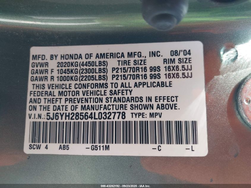 2004 Honda Element Ex VIN: 5J6YH28564L032778 Lot: 43282192