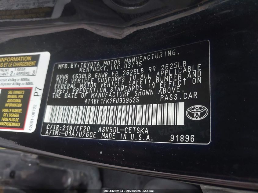 2015 Toyota Camry Se VIN: 4T1BF1FK2FU939525 Lot: 43282194