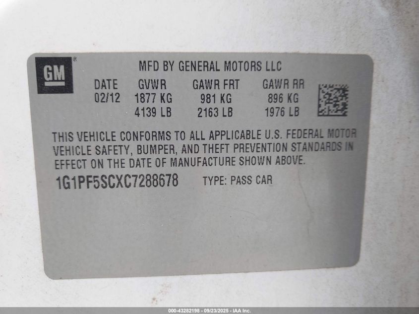 2012 Chevrolet Cruze 1Lt VIN: 1G1PF5SCXC7288678 Lot: 43282198