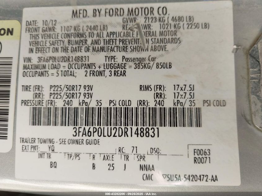 2013 FORD FUSION HYBRID SE - 3FA6P0LU2DR148831