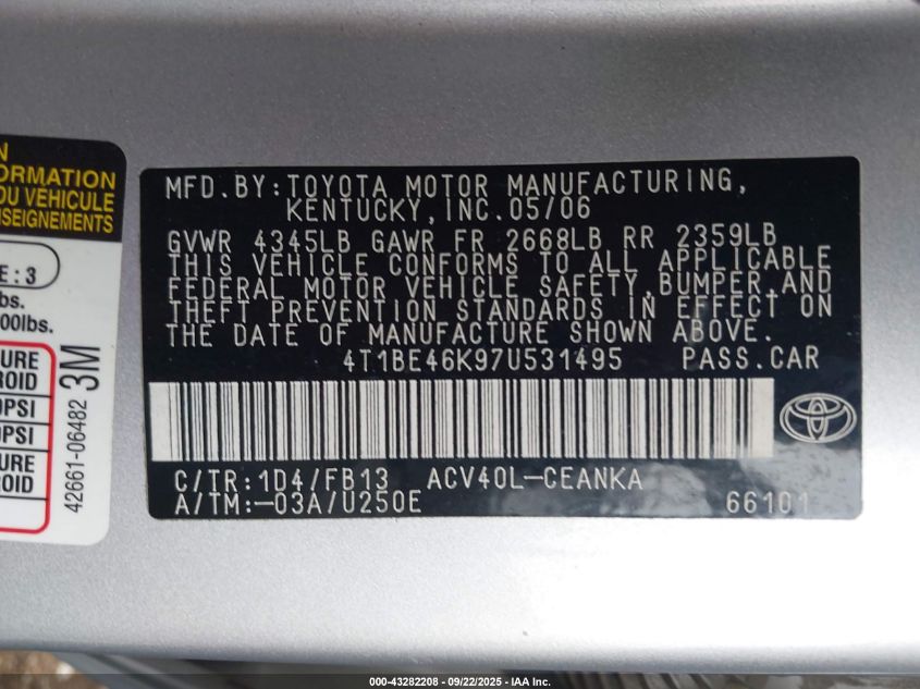 2007 Toyota Camry Le VIN: 4T1BE46K97U531495 Lot: 43282208