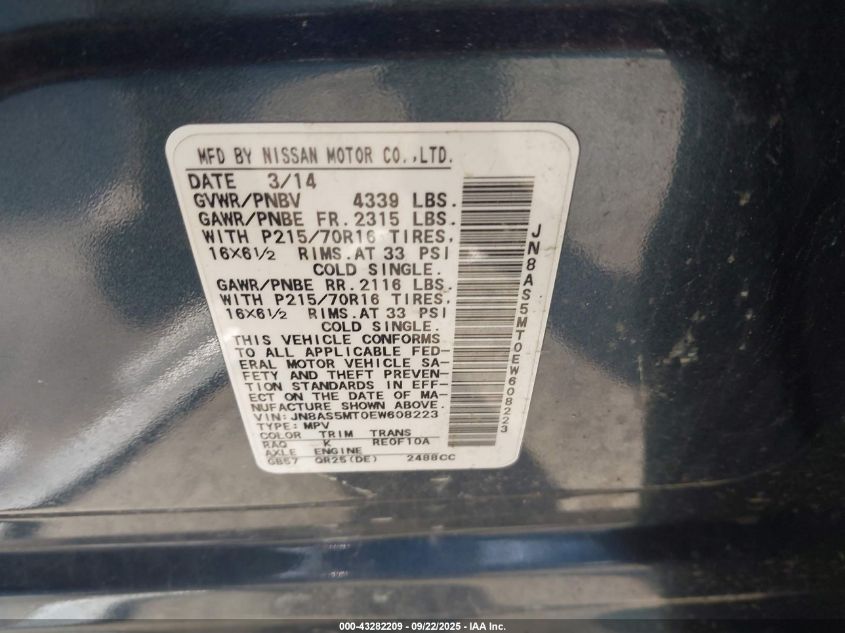 2014 Nissan Rogue Select S VIN: JN8AS5MT0EW608223 Lot: 43282209