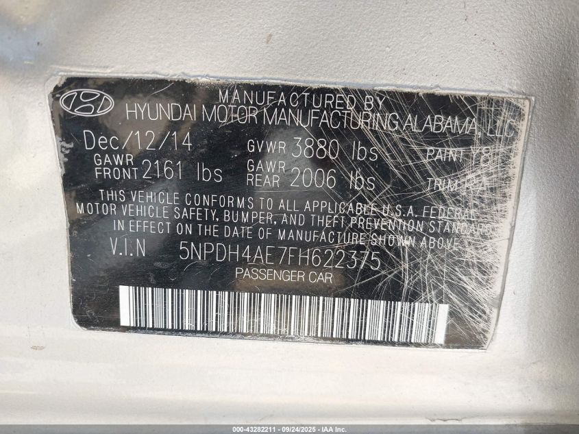 2015 Hyundai Elantra Se VIN: 5NPDH4AE7FH622375 Lot: 43282211