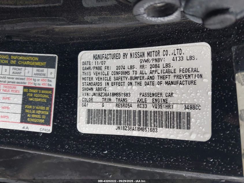 2008 Nissan 350Z Grand Touring VIN: JN1BZ36A18M851683 Lot: 43282222