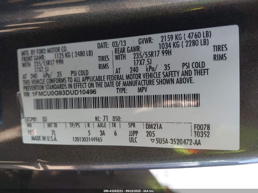 2013 Ford Escape Se VIN: 1FMCU0G93DUD10496 Lot: 43282223