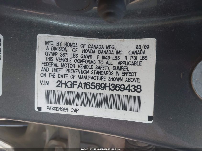 2009 Honda Civic Lx VIN: 2HGFA16569H369438 Lot: 43282248