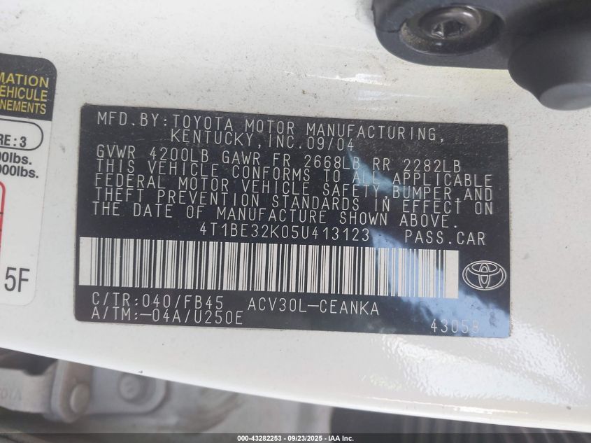 2005 Toyota Camry Le VIN: 4T1BE32K05U413123 Lot: 43282253