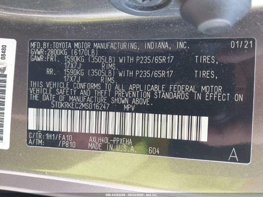 2021 Toyota Sienna Le VIN: 5TDKRKEC2MS016247 Lot: 43282256