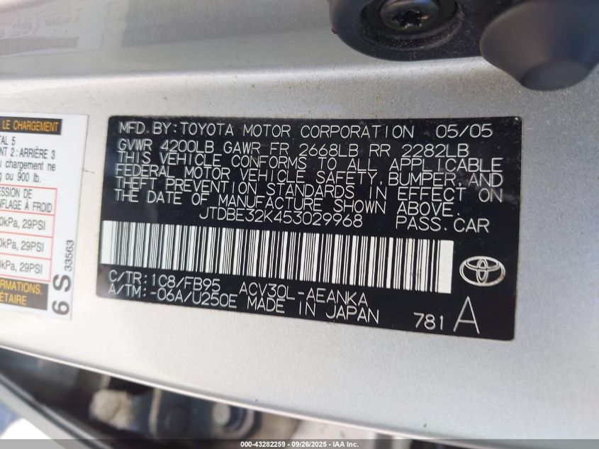 2005 Toyota Camry Le/Se/Std/Xle VIN: JTDBE32K453029968 Lot: 43282259