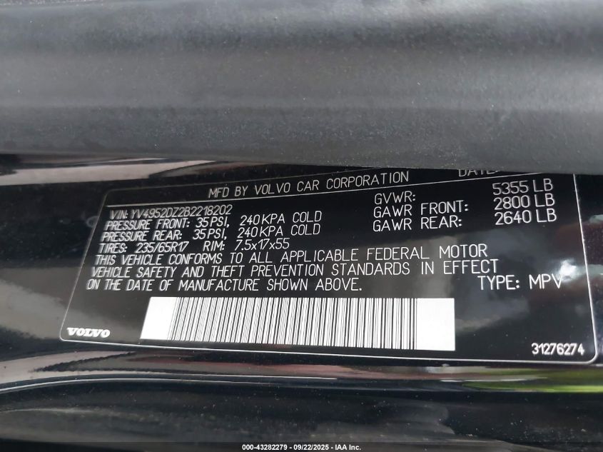 2011 Volvo Xc60 3.2/3.2 R-Design VIN: YV4952DZ2B2218202 Lot: 43282279