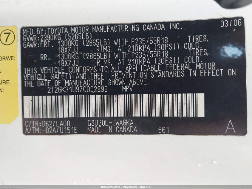 2007 Lexus Rx 350 VIN: 2T2GK31U97C002899 Lot: 43282283