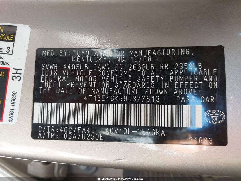 2009 Toyota Camry Xle VIN: 4T1BE46K39U377613 Lot: 43282296