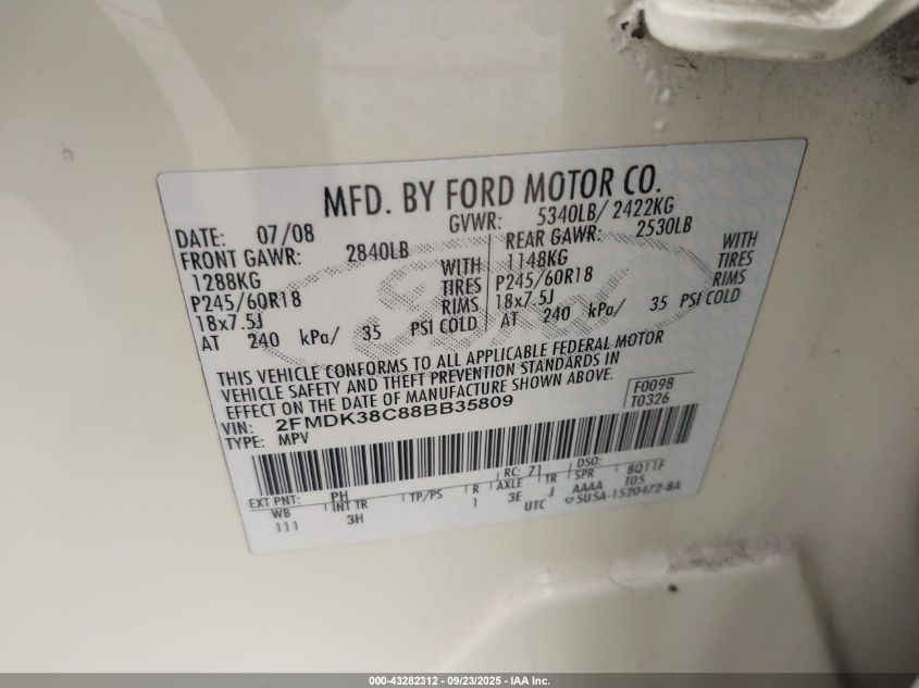 2008 Ford Edge Sel VIN: 2FMDK38C88BB35809 Lot: 43282312