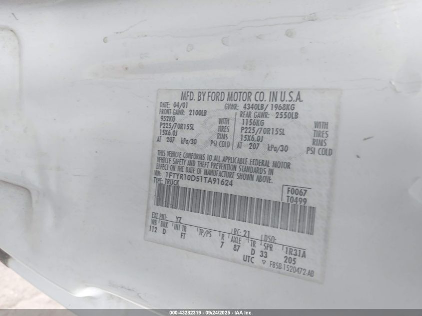 2001 Ford Ranger Xl/Xlt VIN: 1FTYR10D51TA91624 Lot: 43282319