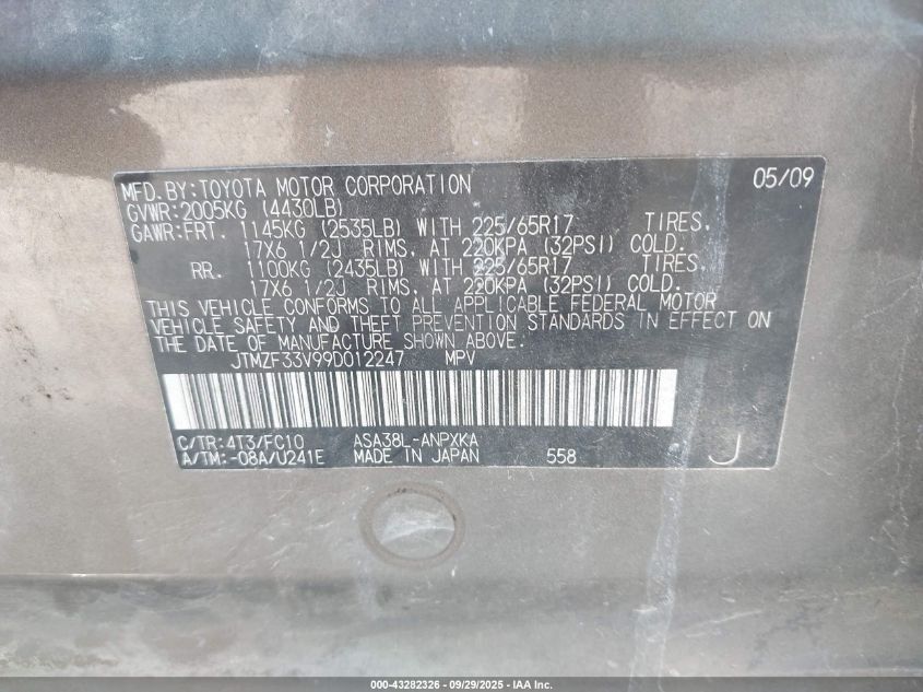 2009 Toyota Rav4 VIN: JTMZF33V99D012247 Lot: 43282326