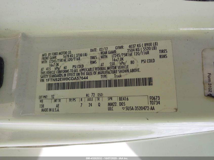 2012 Ford E-250 Commercial VIN: 1FTNS2EW0CDA57644 Lot: 43282332