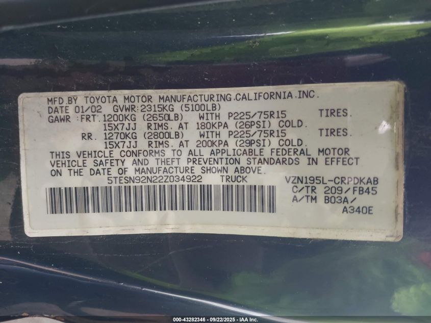 2002 Toyota Tacoma Prerunner V6 VIN: 5TESN92N22Z034922 Lot: 43282346