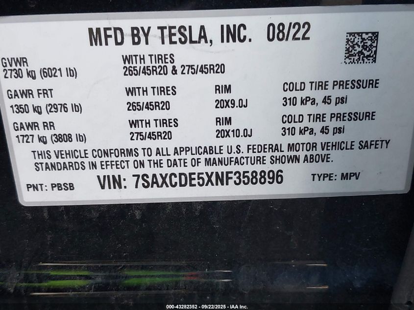 2022 Tesla Model X Dual Motor All-Wheel Drive/Plaid Tri Motor All-Wheel Drive VIN: 7SAXCDE5XNF358896 Lot: 43282352