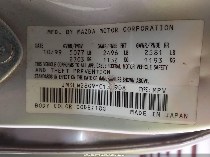 2000 Mazda Mpv Dx/Es/Lx VIN: JM3LW28G9Y0131908 Lot: 43282372