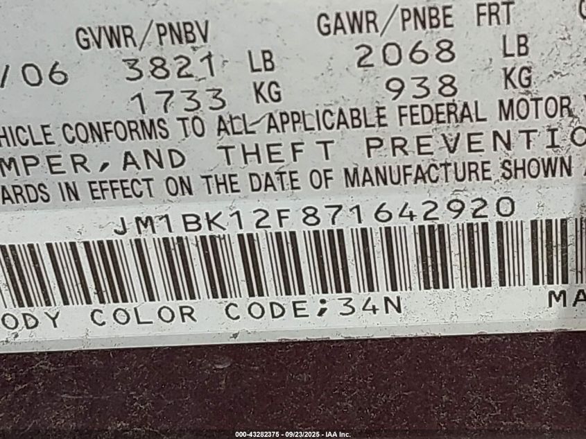 2007 Mazda Mazda3 I VIN: JM1BK12F871642920 Lot: 43282375