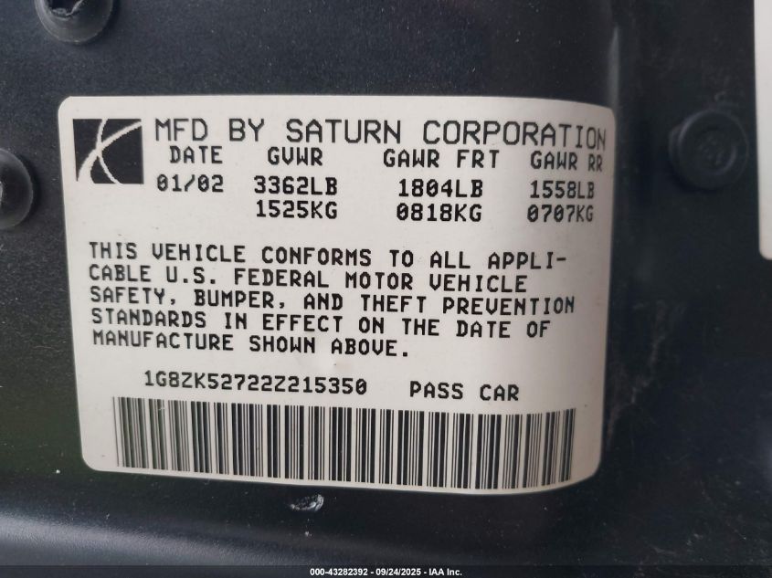 2002 Saturn S-Series Sl2 VIN: 1G8ZK52722Z215350 Lot: 43282392