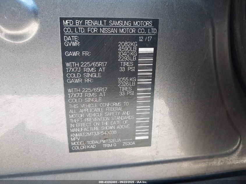 2018 Nissan Rogue S VIN: KNMAT2MT3JP543038 Lot: 43282403