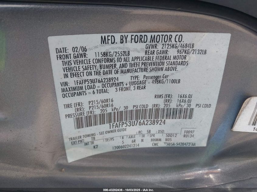 2006 Ford Taurus Se VIN: 1FAFP53U76A238924 Lot: 43282436