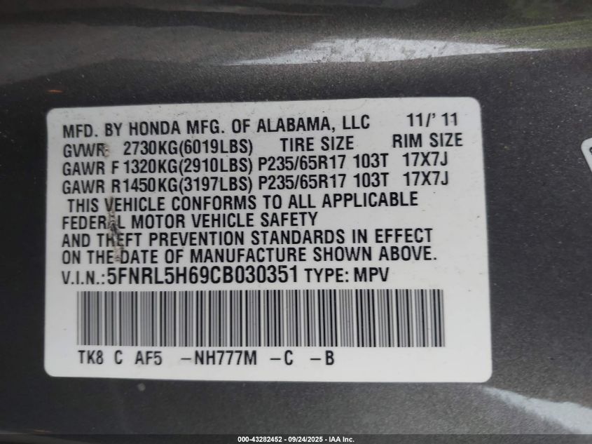 2012 Honda Odyssey Ex-L VIN: 5FNRL5H69CB030351 Lot: 43282452