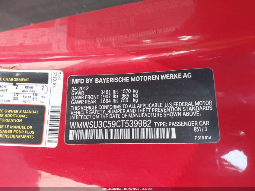 2012 Mini Cooper VIN: WMWSU3C59CT539982 Lot: 43282453