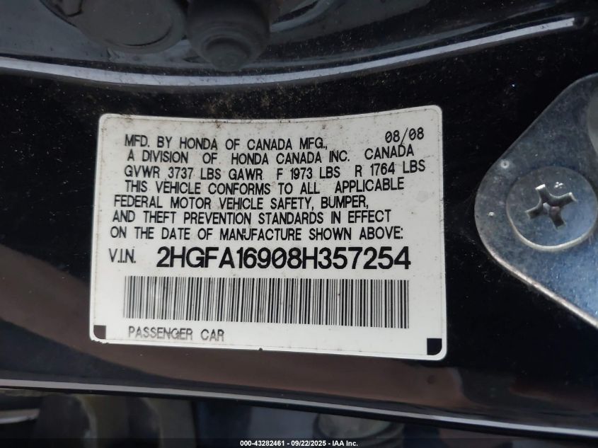 2008 Honda Civic Ex-L VIN: 2HGFA16908H357254 Lot: 43282461