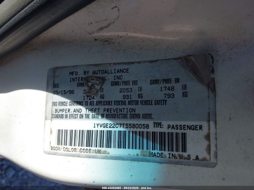 1996 Mazda 626 Dx/Lx VIN: 1YVGE22C7T5580058 Lot: 43282465
