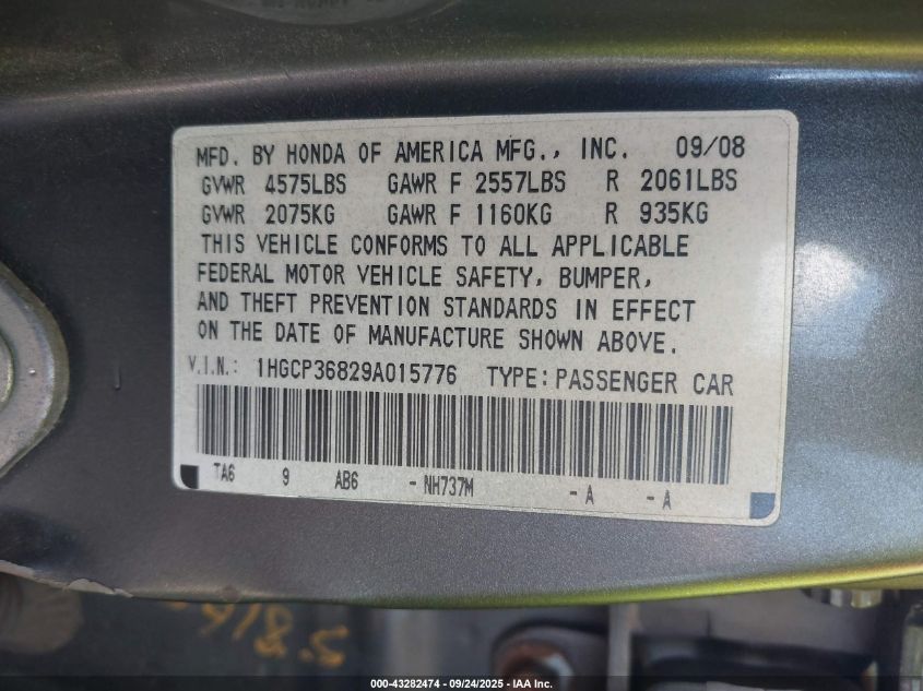 2009 Honda Accord 3.5 Ex-L VIN: 1HGCP36829A015776 Lot: 43282474