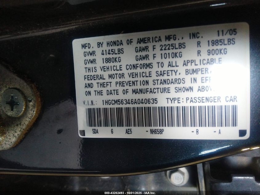 2006 Honda Accord 2.4 Se VIN: 1HGCM56346A040635 Lot: 43282493