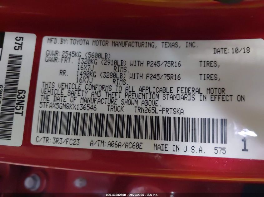 2019 Toyota Tacoma Sr5 VIN: 5TFAX5GN8KX136546 Lot: 43282500